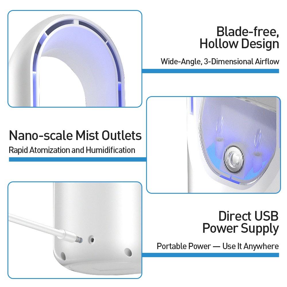 Portable Bladeless Air Cooler Fan   6 Speed Silent Desk Fan With Humidifier, Timer & Colourful Lights, USB Mini Air Conditioner