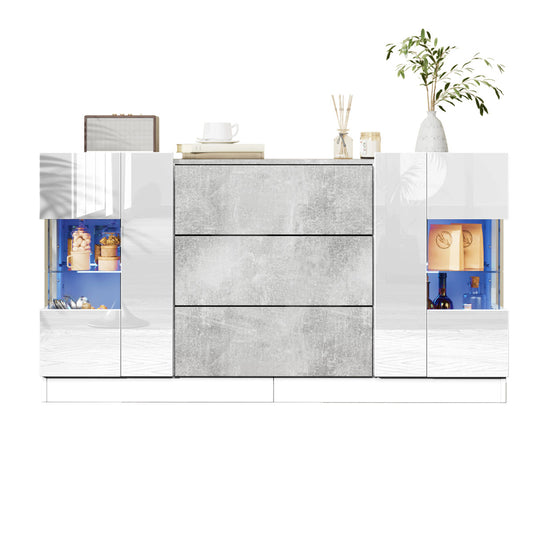 Elegant Sideboard With 2 Doors And 3 Drawers - High Gloss White Fronts And Grey Marble Look, LED Lighting With 16 Colours, 140 X 35 X 75 Cm