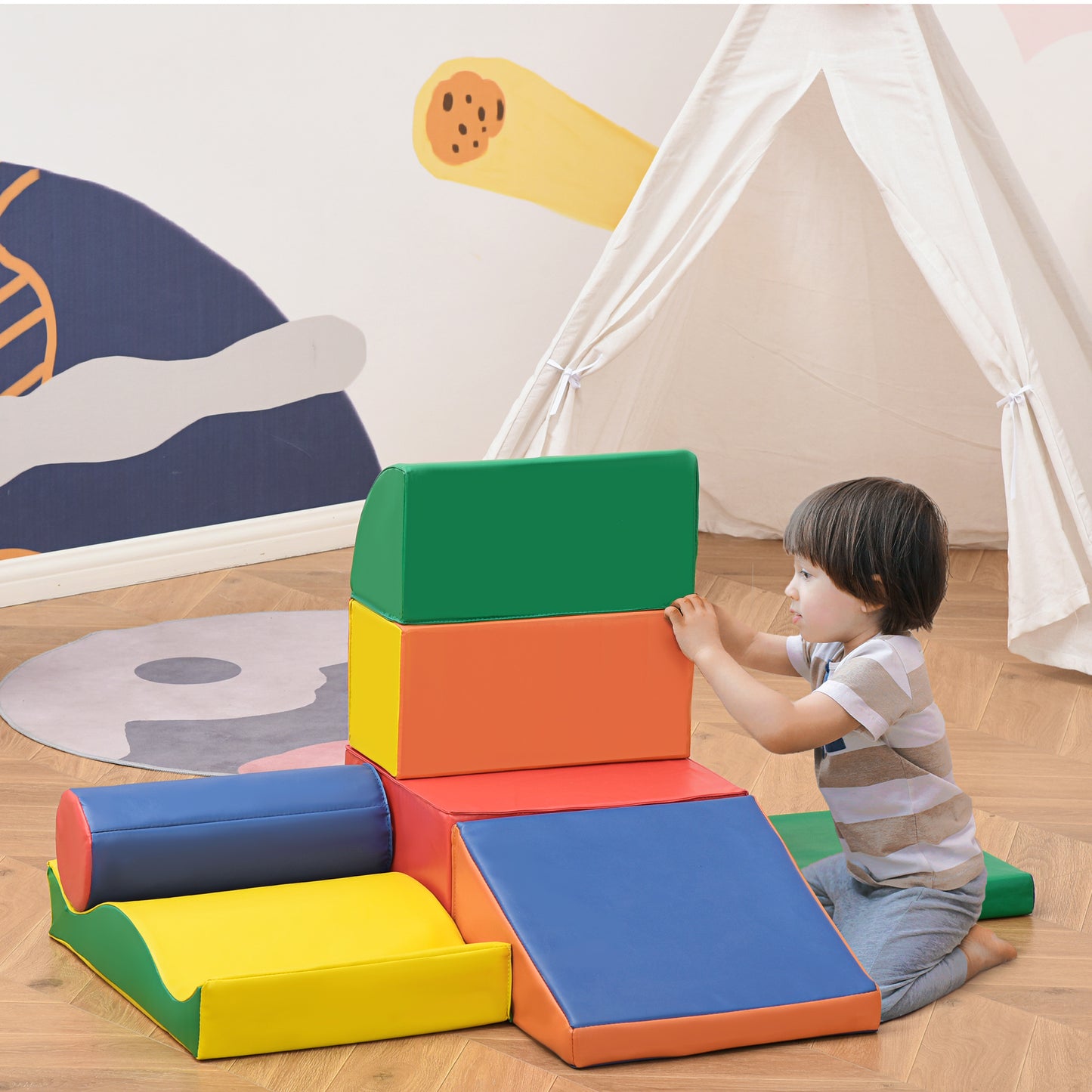 Soft Play Set, 7 Piece Foam Blocks, Toddler Climb And Crawl Activity Set For 1-3 Years, Soft Play Equipment For Building And Stacking, Educational Play, Red