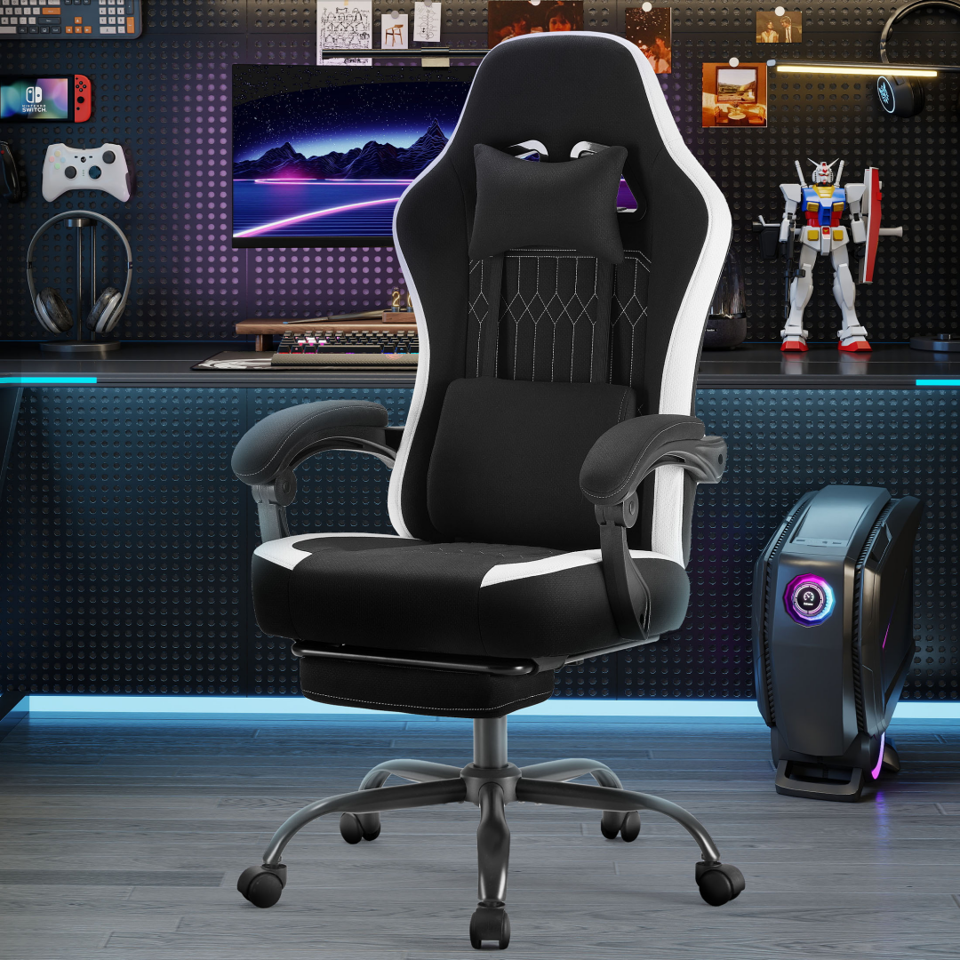 Computer Game Chair - Lumbar Support, Adjustable Height With Armrests And Headrests, 360 Rotating Wheels
