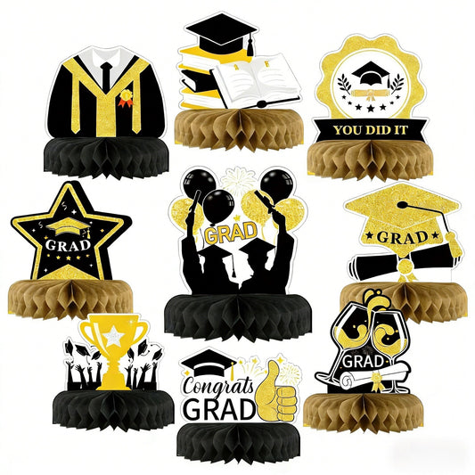 9-Piece Black And Gold Honeycomb Graduation Party Decorations – Complete Set With Gold And Black Honeycomb Elements For Festive Room Decor – Party Accessory Set