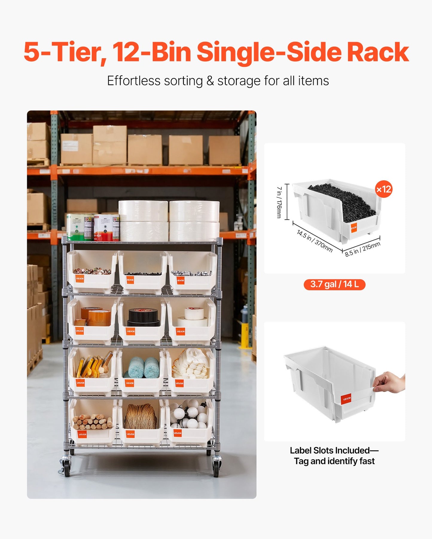 5-Tier Rolling Bin Storage Rack, 12 Organizer Bins, Bin Rack Storage Steel Wire Shelving System With Wheels, Mobile Tool Organizer For Garage, Warehouse, Office, Restaurant, Classroom, Kitchen