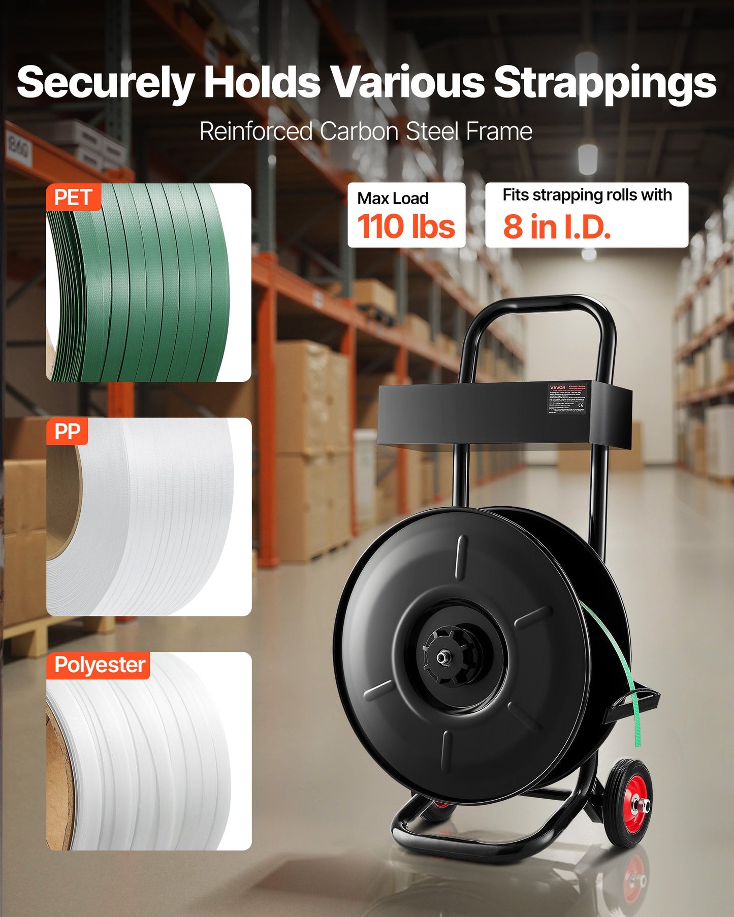 Banding Strapping Cart, Fit For PET / PP / Polyester Strapping Coils With 8 Inches Core Size, Heavy Duty Strapping Dispenser Equipped With Upgrade Brake System, Built-in Spacious Tray For Tools