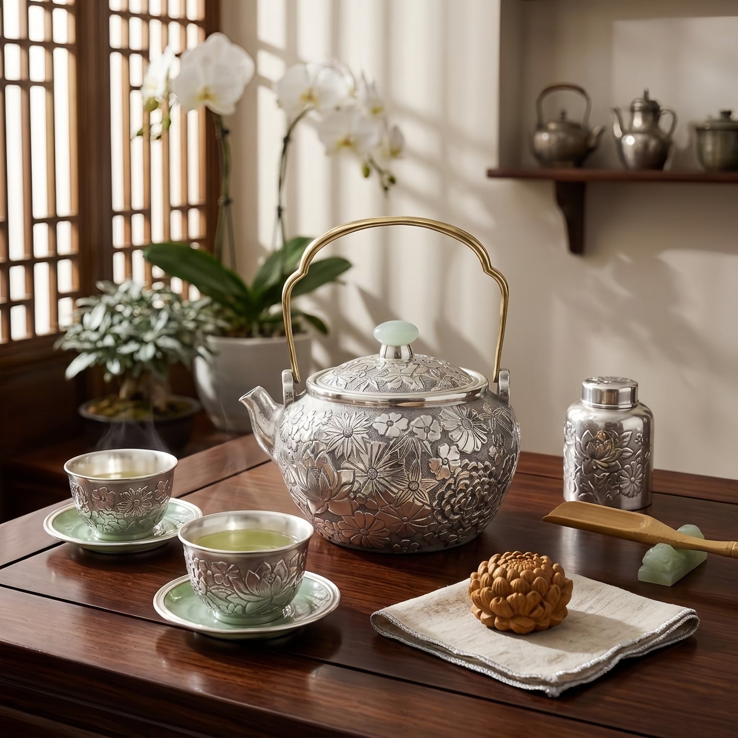 925 Sterling Silver Handcrafted Silver Tea Kettle Featuring Intricate Floral Relief and Jade Accents - Handicraft