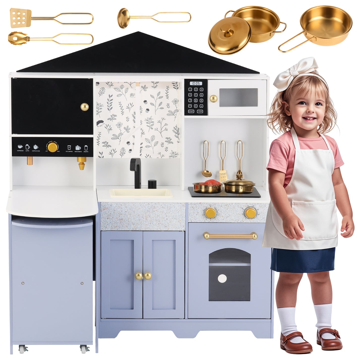 Children's Kitchen, Play Kitchen - Creative House Design, Accessories And Surprise Effects, Suitable For Children Aged 3 And Up, Wood  Plastic, White  Purple, 60x90x105cm