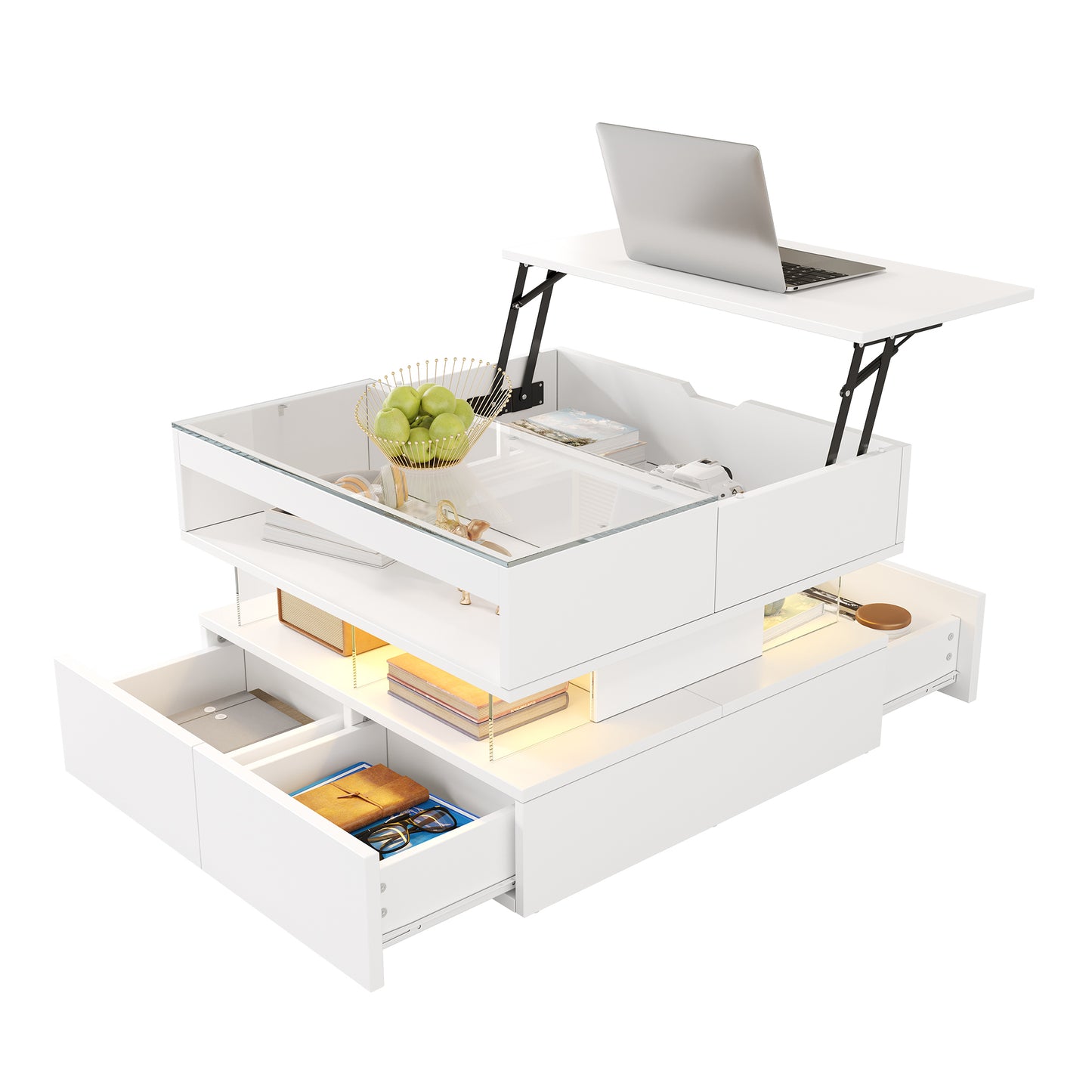 Height-adjustable Coffee Table For The Living Room With 16-color Lighting, Glass Top And Acrylic Supports.