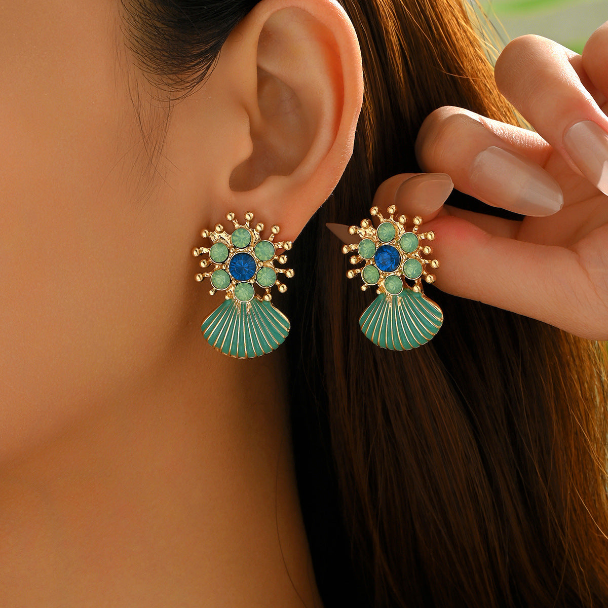 Cross-border Fashion European American Ocean Style Women Earrings, Geometric Shell Oil Drip Stud Earrings Inlaid Cubic Zirconia, Versatile Daily Ear Accessories