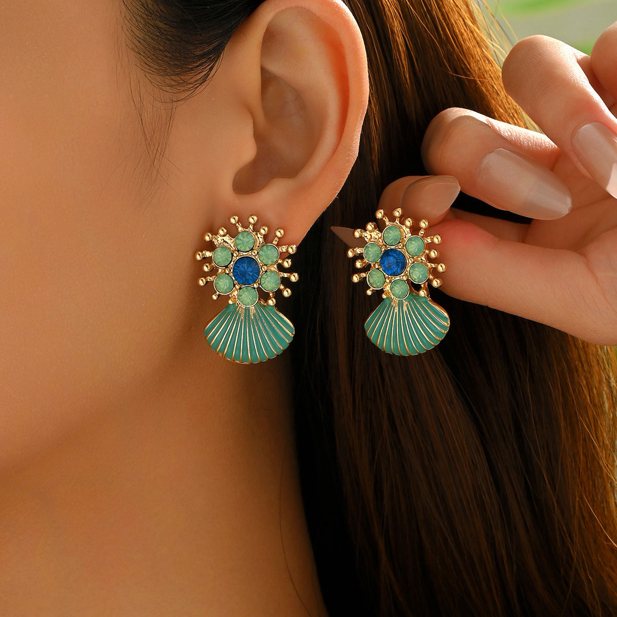 Cross-border Fashion European American Ocean Style Women Earrings, Geometric Shell Oil Drip Stud Earrings Inlaid Cubic Zirconia, Versatile Daily Ear Accessories