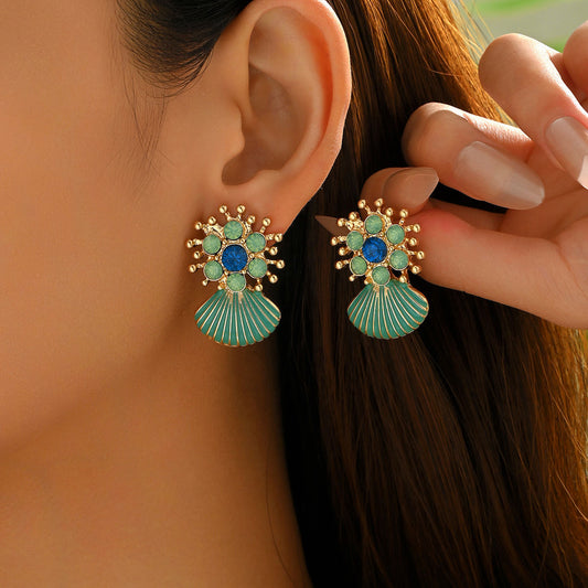Cross-border Fashion European American Ocean Style Women Earrings, Geometric Shell Oil Drip Stud Earrings Inlaid Cubic Zirconia, Versatile Daily Ear Accessories