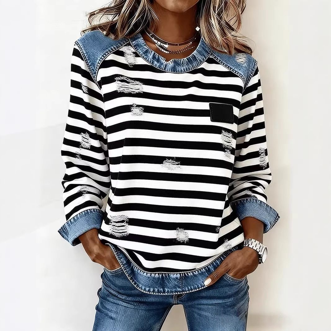 Christmas Crew-Neck Raglan Denim Patchwork Sweatshirt