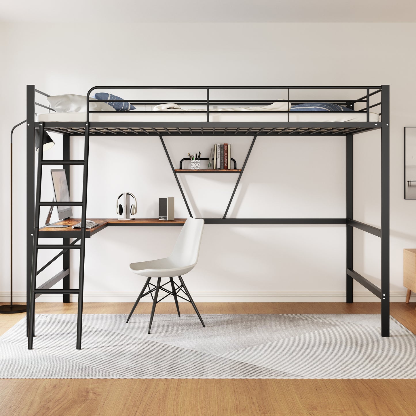 90x200cm Bed Frame Metal Bed, Iron Bed, Loft Bed With L-shaped Desk And A Shelf For Children, Teenagers And Adults, Black
