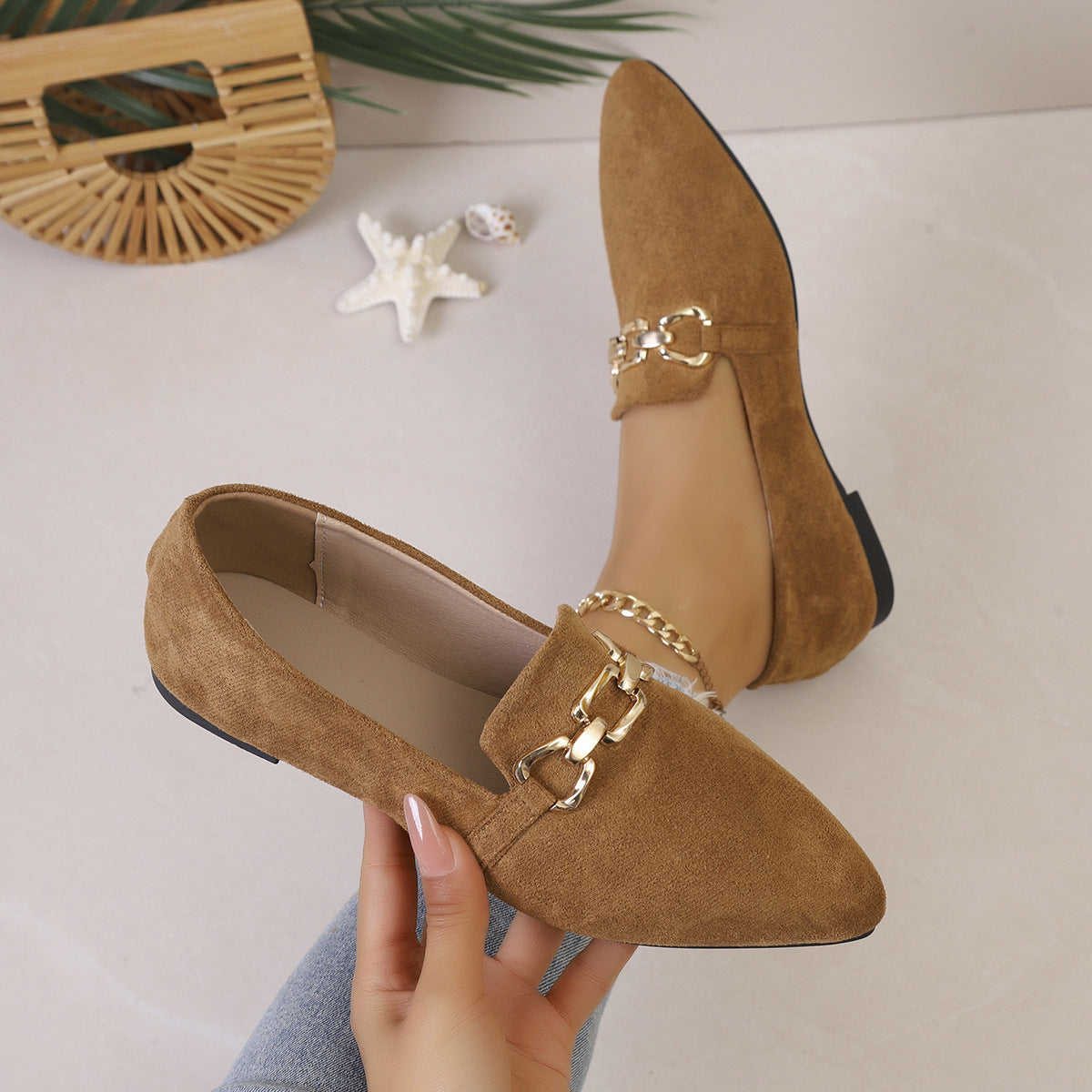 Foreign Trade Flat-soled Chain-buckle Pumps Pointed-toe Soft-soled Loafers For Outdoor Wear