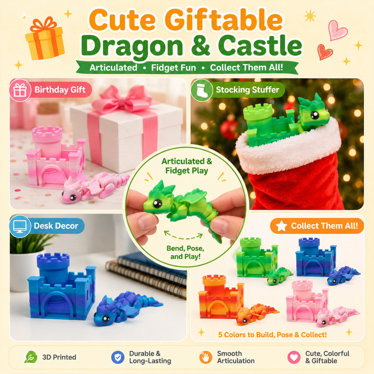 3D Printed Movable Joint Fantasy Beast Figurine With Mini Castle House Flexible Desktop Ornament Collectible Decor Creative Holiday Gift