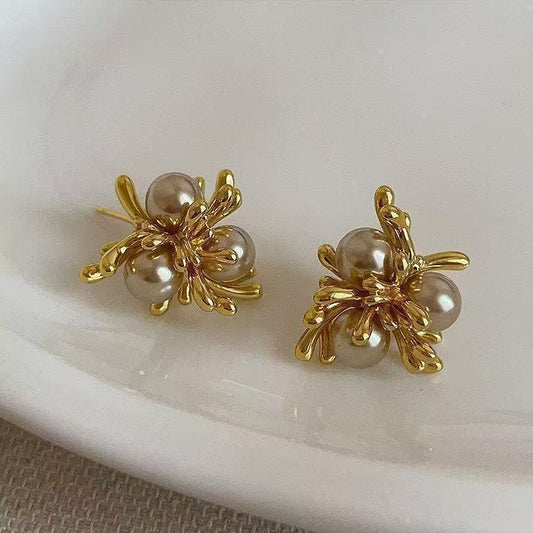 Unique Hong Kong Style Golden Firework  Pearl Stud Earrings For Women, Elegant Fashion Niche Light Luxury Trendy All-Match Ear Jewelry