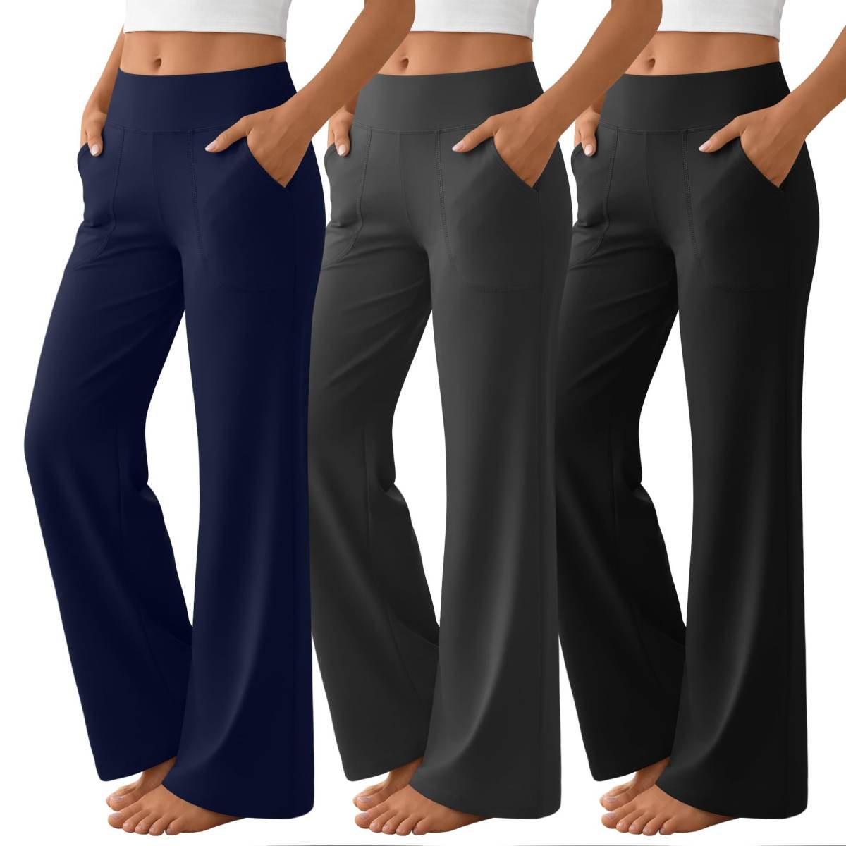 High-waisted Straight-leg Slightly Flared Yoga Pants With Pockets And Tummy-control Design