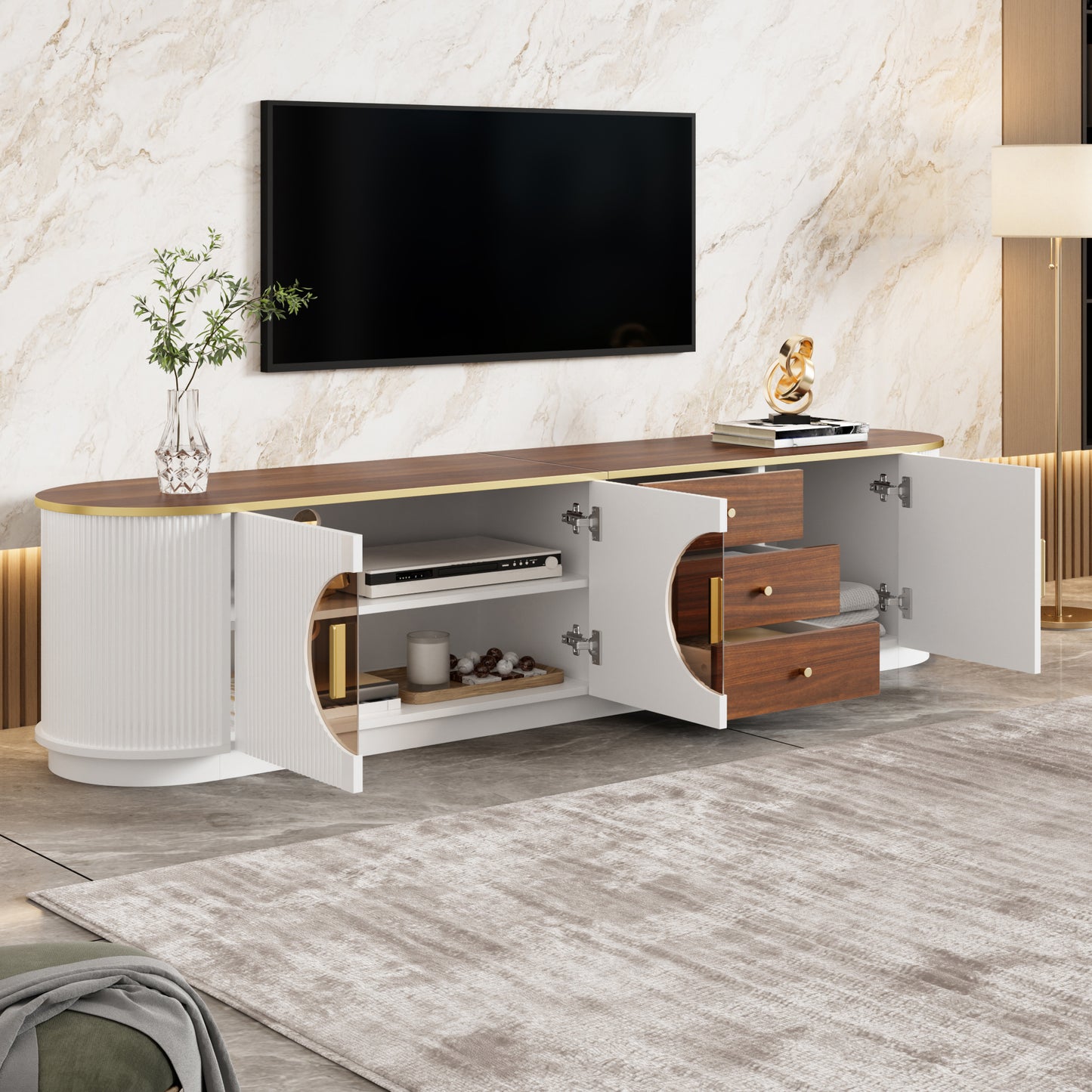 Luxury Style TV Cabinet, Lowboard, Amber Glass, MDF Body, Aluminum Handles, Rounded Edges, Vertical Groove Look