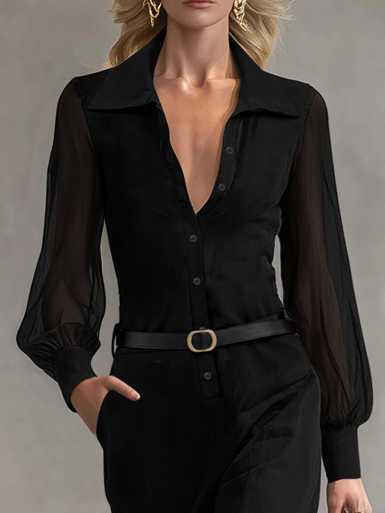 Women's Collared Neck Sheer Puff Sleeve Button Front Belted Maxi Shirt Dress Elegant Office Wear Maxi Dress