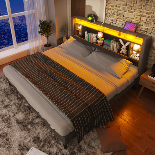 Upholstered Bed Double Bed Storage Headboard Bed With Charging USB And LED Lighting Bed Frame Wooden Slatted Frame,160x200CM Grey Without Mattress