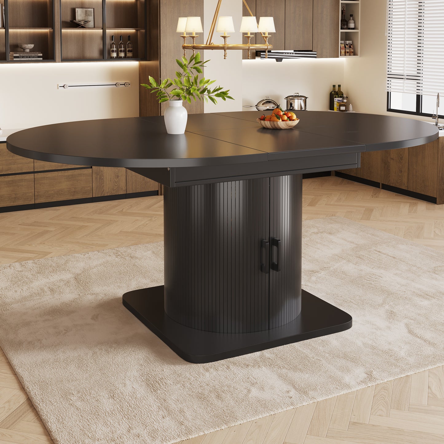 Extendable Dining Table With Storage, Multifunctional Folding Table With Wine Rack, Space-saving Kitchen Table For Small Rooms And Dining Rooms, MDF Tabletop, Black