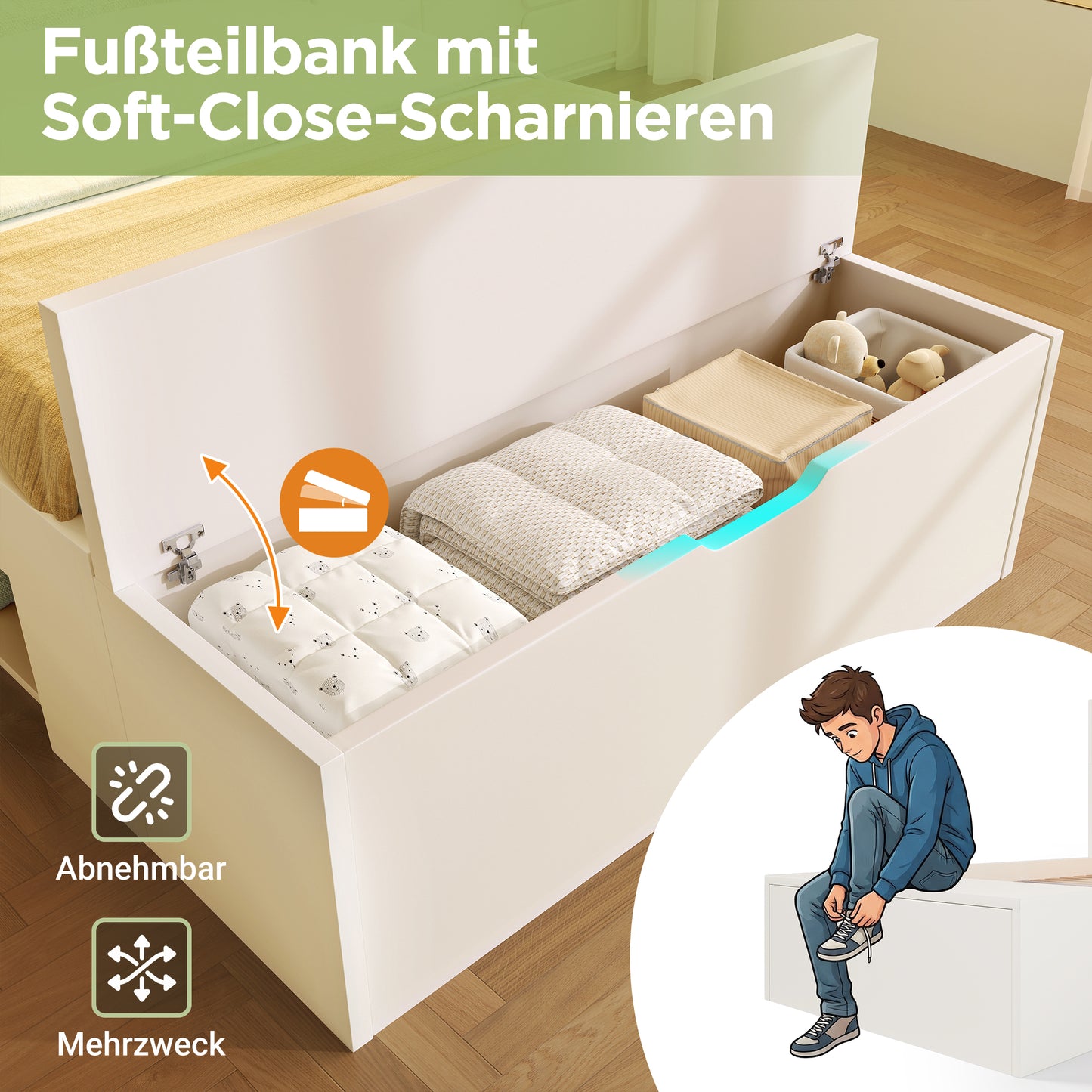 Wooden Bed 90x200 Cm White Single Bed With Storage, LED Lighting, USB Charging Ports, Drawers, Bed Bench, Shelves, Slatted Base, For Children Teenagers Room, Without Mattress
