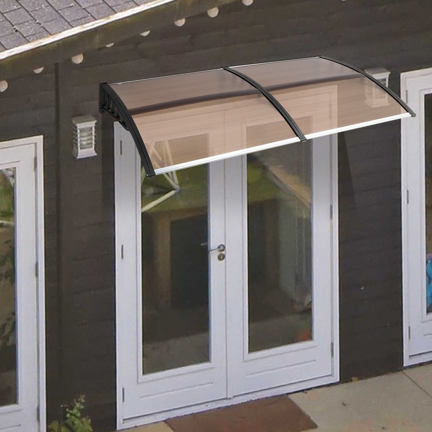 80x38in Door Window Awning With Brown Polycarbonate Panel & Black Bracket, Outdoor Rain Snow Sun Shade Cover, Durable 10-Year Lifespan, Easy Install