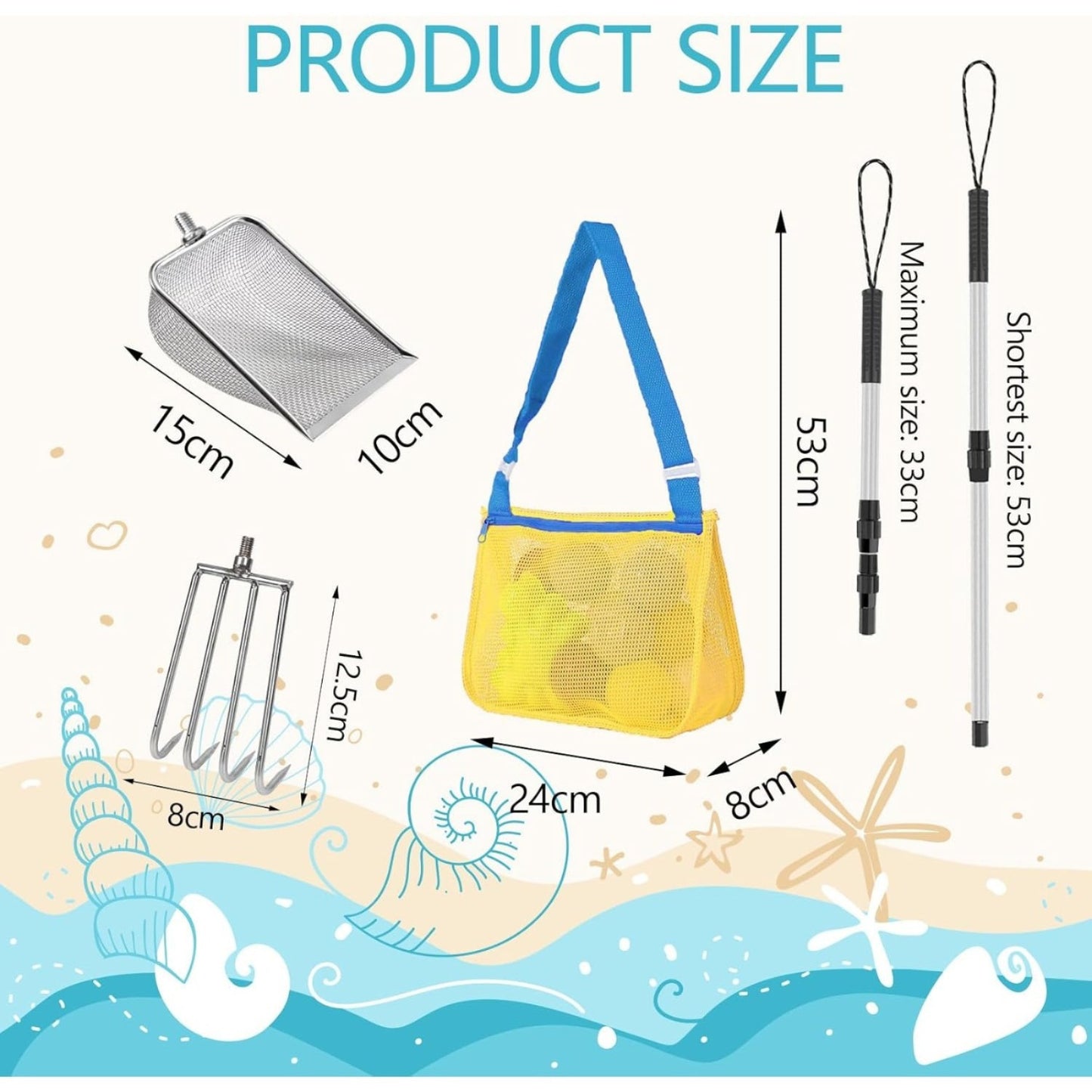3-Piece Beach Party Accessories: Beach And Pool Party Supplies, —Metal Beach Net Shovel (Large) With Sand Bag, Shark Tooth Sieve, And Sand Shovel For Collecting Seashells On The Beach
