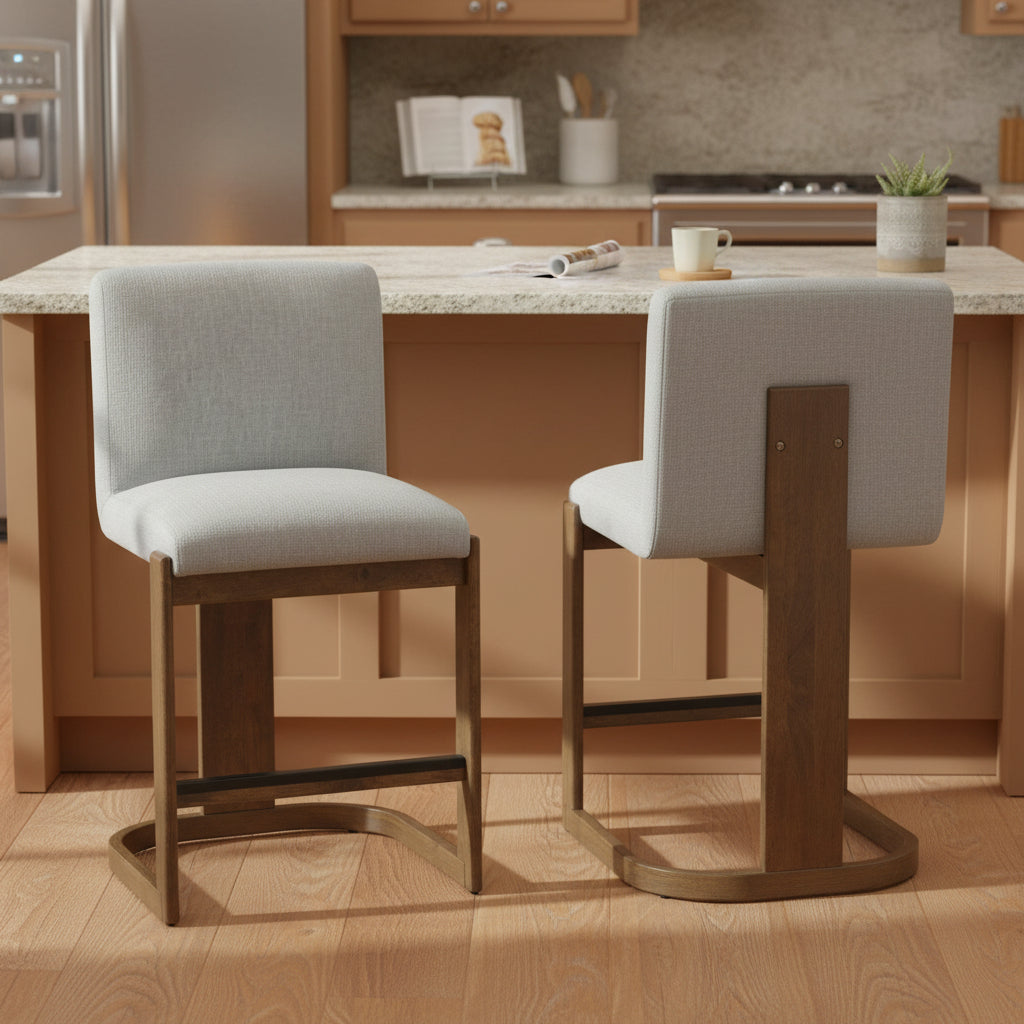 Modern Bar Stools Set Of 2, 24  Solid Wood Counter Height Barstools, Linen Upholstered Kitchen Island Chair With Walnut-Finished Wood Legs For Home Bar Coffee Shop,Light Grey