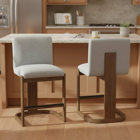 Modern Bar Stools Set Of 2, 24  Solid Wood Counter Height Barstools, Linen Upholstered Kitchen Island Chair With Walnut-Finished Wood Legs For Home Bar Coffee Shop,Light Grey