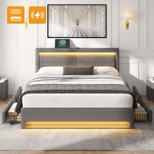 Upholstered Bed 140 X 200 Cm, With USB Port  Supports Wireless And Wired Charging , With LED Lighting And Four Drawers, Without Mattress, PU Lychee Pattern, Grey OLD SKU-3256256AAG