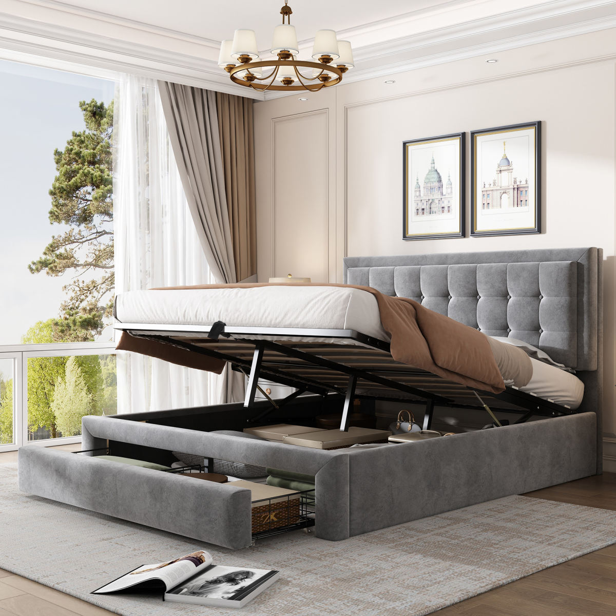 Upholstered Bed 140x190 With Slatted Base And Headboard, Storage Bed, Hydraulic Upholstered Bed, Double Bed, With 2 Drawers, Wooden Slat Support, Velvet, Grey