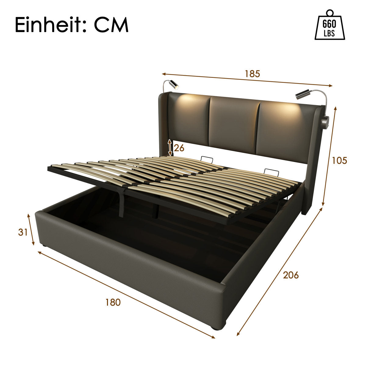 Upholstered Bed 180x200 Cm With Storage Box & LED Light, Bed Frame With 2 USB Charging Ports And Hydraulic Lifting Bar, Design Double Bed Made Of PU Leather, Gray
