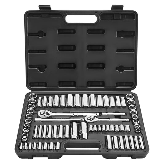 Socket Set, 69 Pieces, 3/8 & 1/4 Inch Drive Socket And Ratchet Set, SAE And Metric, Deep And Standard, Mechanic Tool Kit With Accessories And Storage Case, CR-V Alloy Steel, For Auto Repair