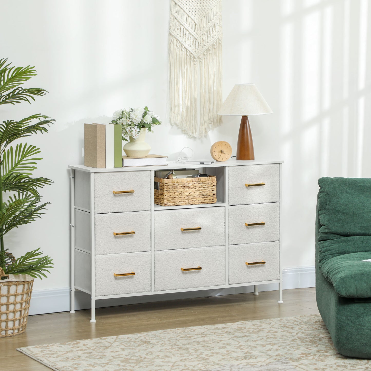 Boucle Chest Of Drawers, 8 Fabric Drawers Storage Organiser With Charging Station, 2 USB And 2 AC Ports, Steel Frame, Fabric Dresser For Living Room, Bedroom, Hallway, Cream White
