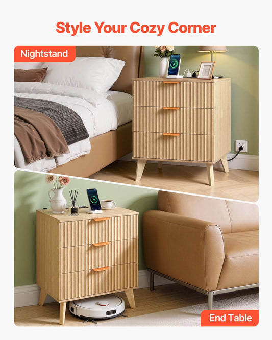 Fluted Nightstand With Charging Station, With 3 Drawers, Dresser For Bedroom, Mid Century Modern End Table, Bedside Storage Cabinet Side Table Chest Of Dresser, For Bedroom, Living Room, Khaki