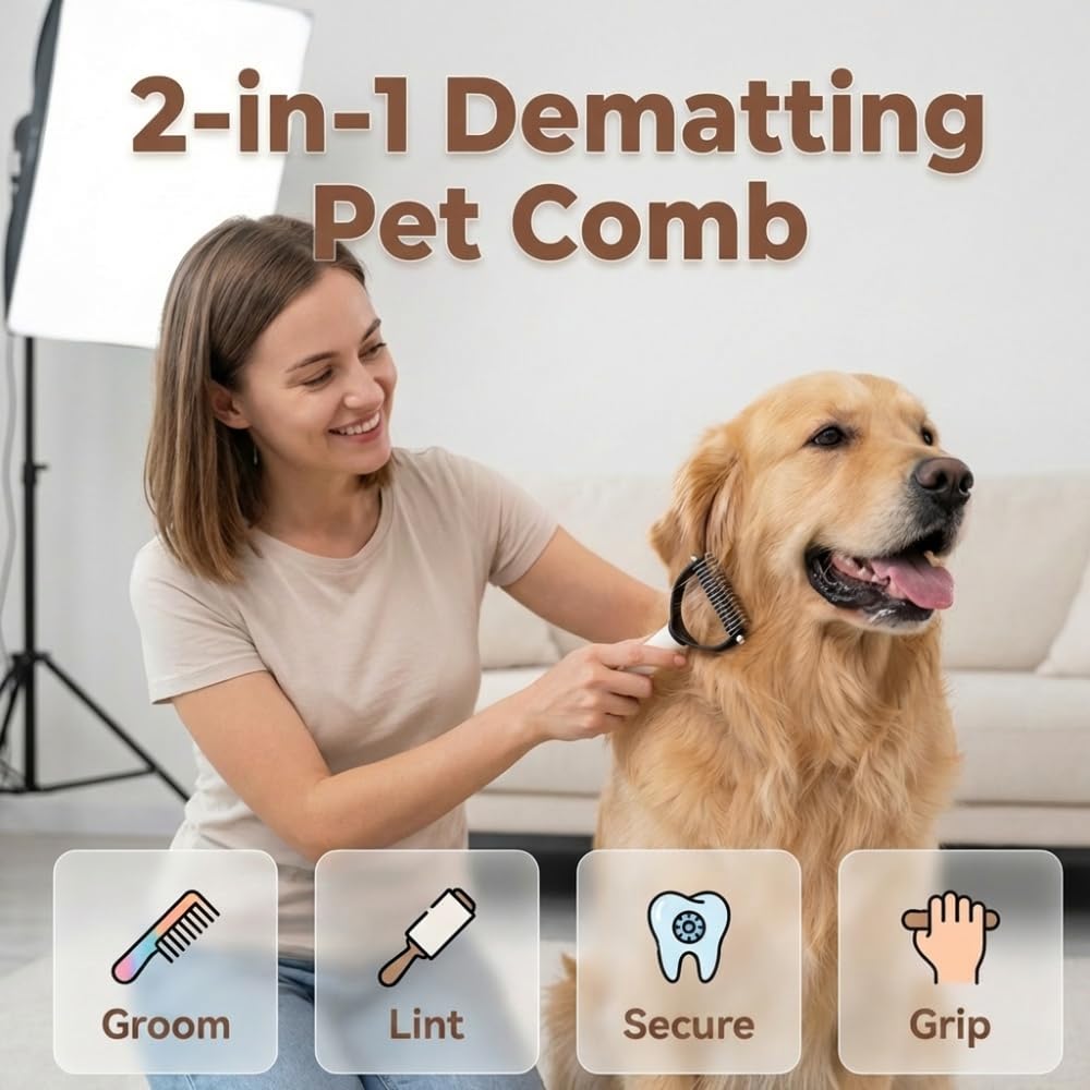 Double Sided Dematting Comb For Cats & Dogs, Undercoat Rake, Safe Deshedding Grooming Tool, Gentle Matt Remover Detangler For Long Thick Haired Pets, Ergonomic Pet Grooming Brush