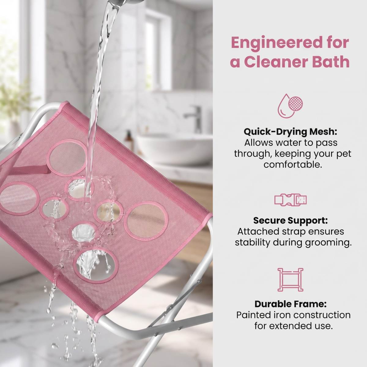 Grooming Pet Bath Stand Mesh Bathing Station, Pink  Foldable Metal Structure With Quick Surface And Strap, Suitable For Pet Washing Maintenance Travel Grooming