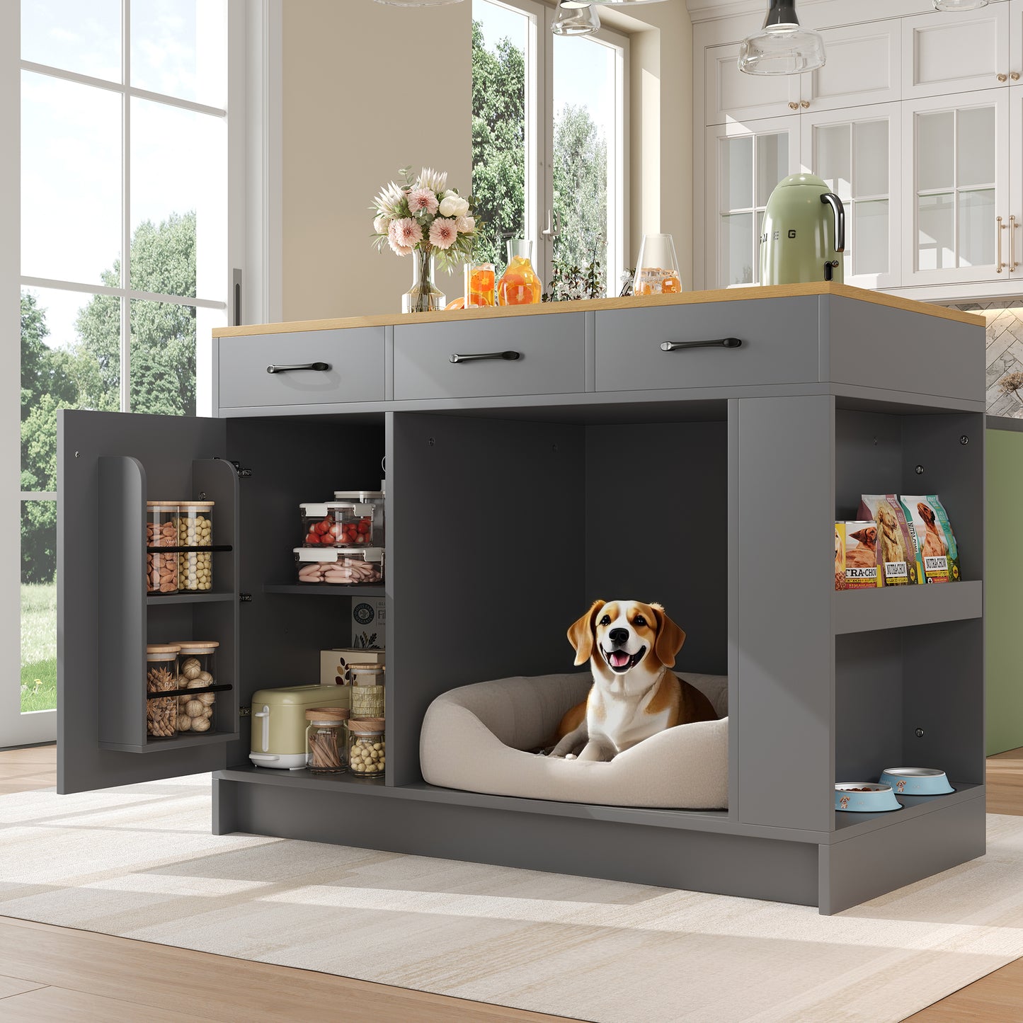 Kitchen Island, Cabinet With 3 Drawers, 1 Spice Shelf, Adjustable Shelf Top, Double Shelf  Without Dog Food Plate , Spacious Pet Storage Area  Without Dog Cushion , 120x60x90 Cm, Grey