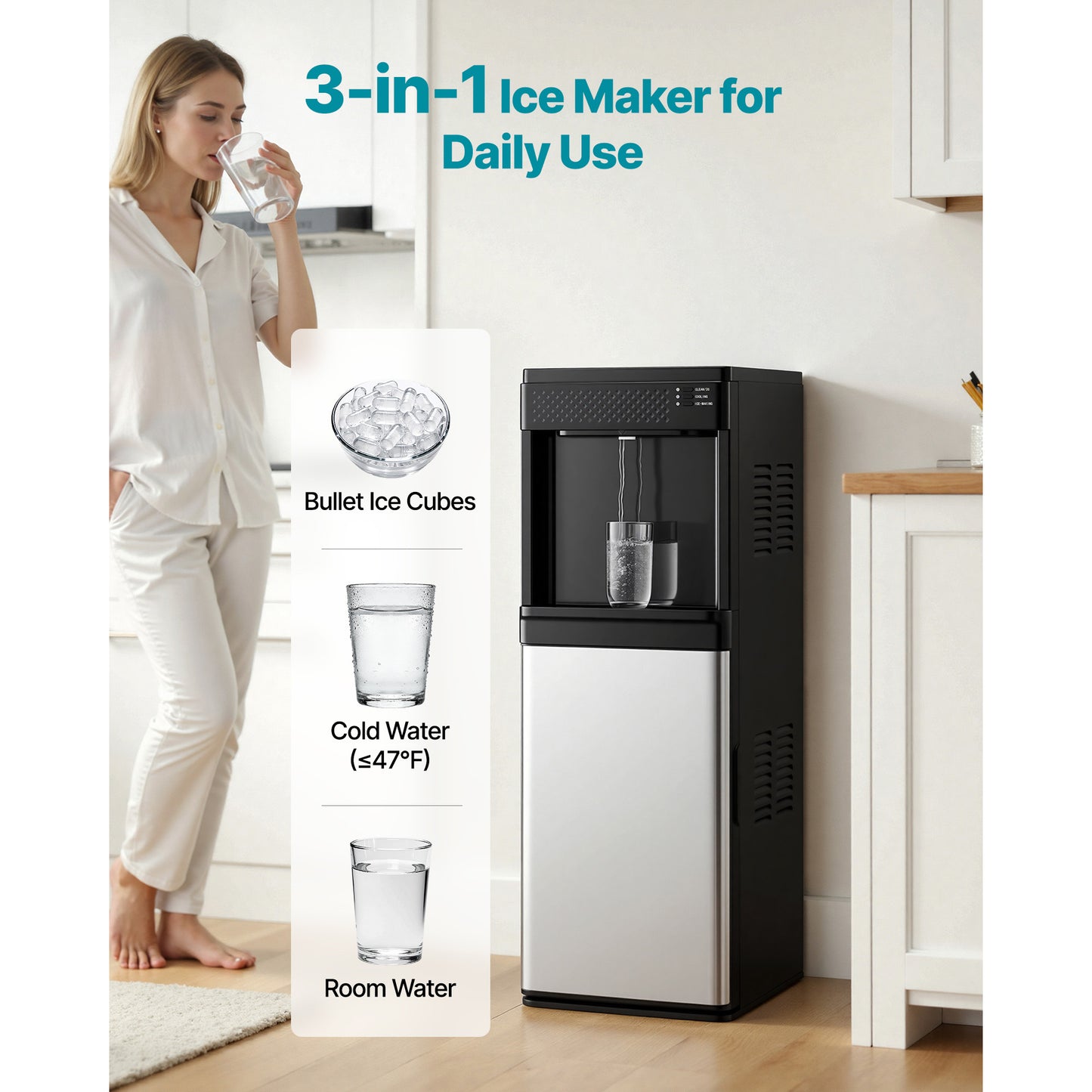 Water Dispenser With Ice Maker, 3-in-1 Floor-Standing Water Dispenser, 33 LBS 24H, 9 Cubes 7 Min Fast Ice Making With 1.3 LBS Storage, Bullet Ice-Cubes & Cold-Water, For Home, Kitchen, Party