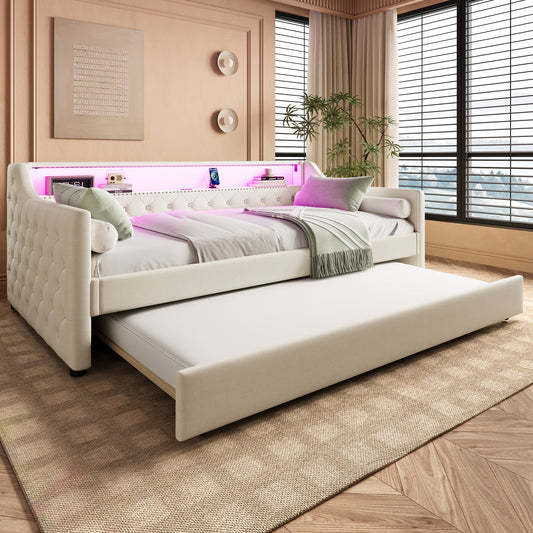 Daybed, 90 X 200cm, Sofa Bed, Daybed With Slatted Base  Without Mattress , With LED Lights, Bed With Pull-out Bed, USB Charging Socket, Linen, Beige