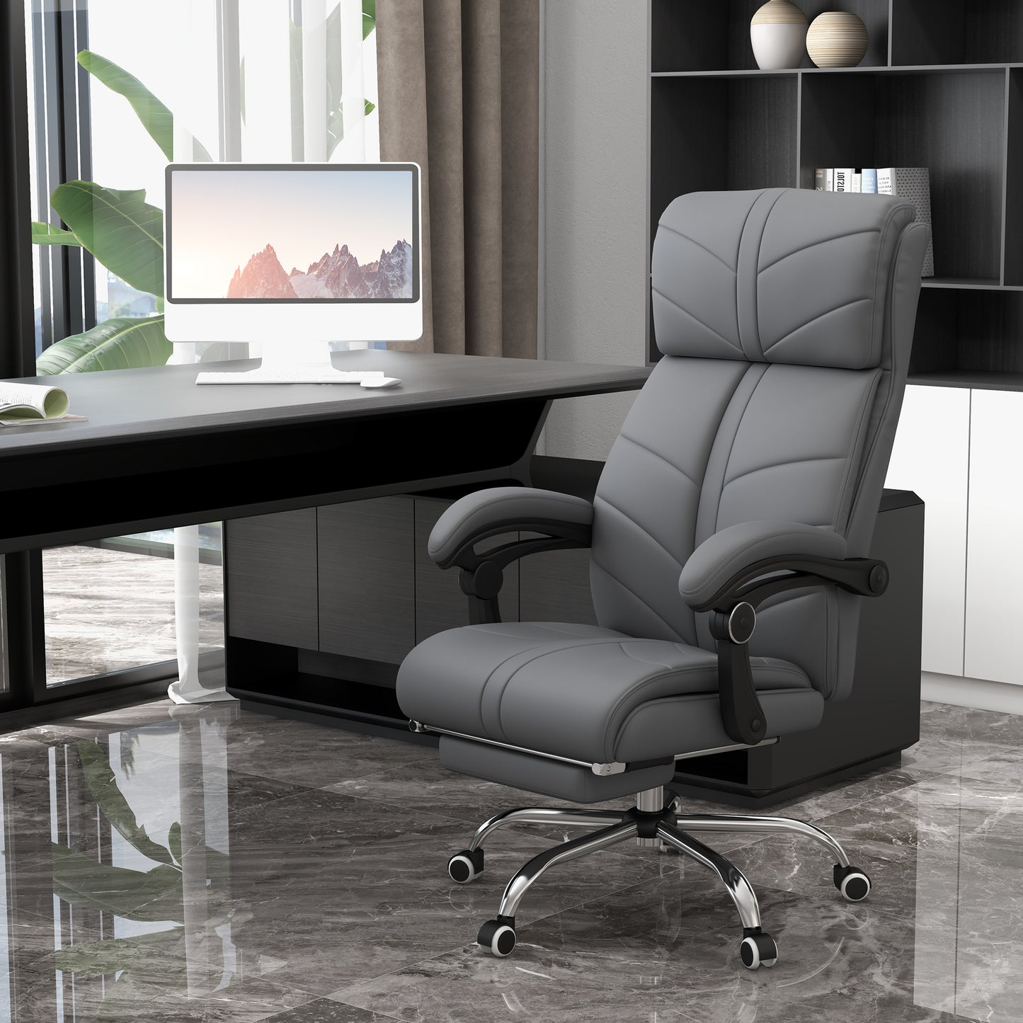Vinsetto High Back Vibration Massage Office Chair, Heated Reclining PU Leather Computer Chair With Footrest, Grey