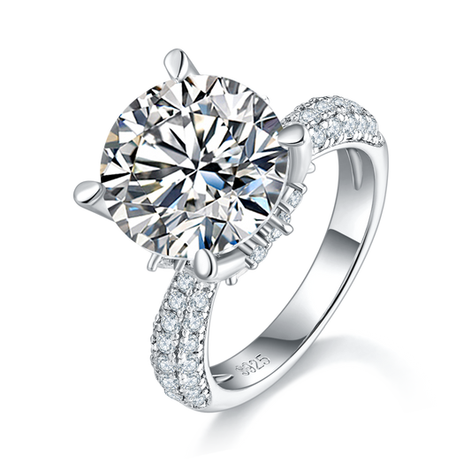 S925 Sterling Silver 5ct Moissanite Engagement Ring, 11mm D-VVS1 Round Cut, 4-Prong Pave Band, Platinum Plated US Sizes 5-9, GRA Certificate Gift Box