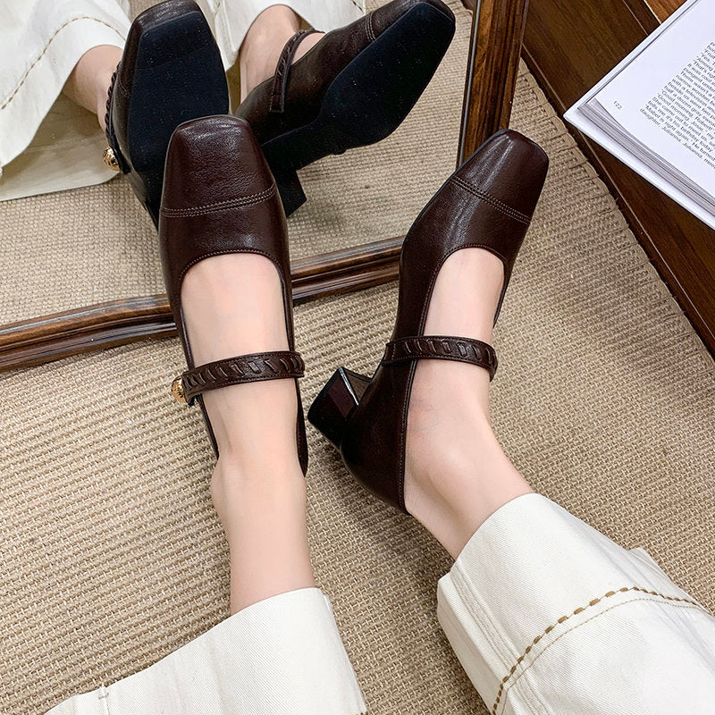 Women's Block Heel Square Toe Mary Janes, 2026 Autumn New French Retro Strap Pumps, Mid Heel Low Cut Shoes