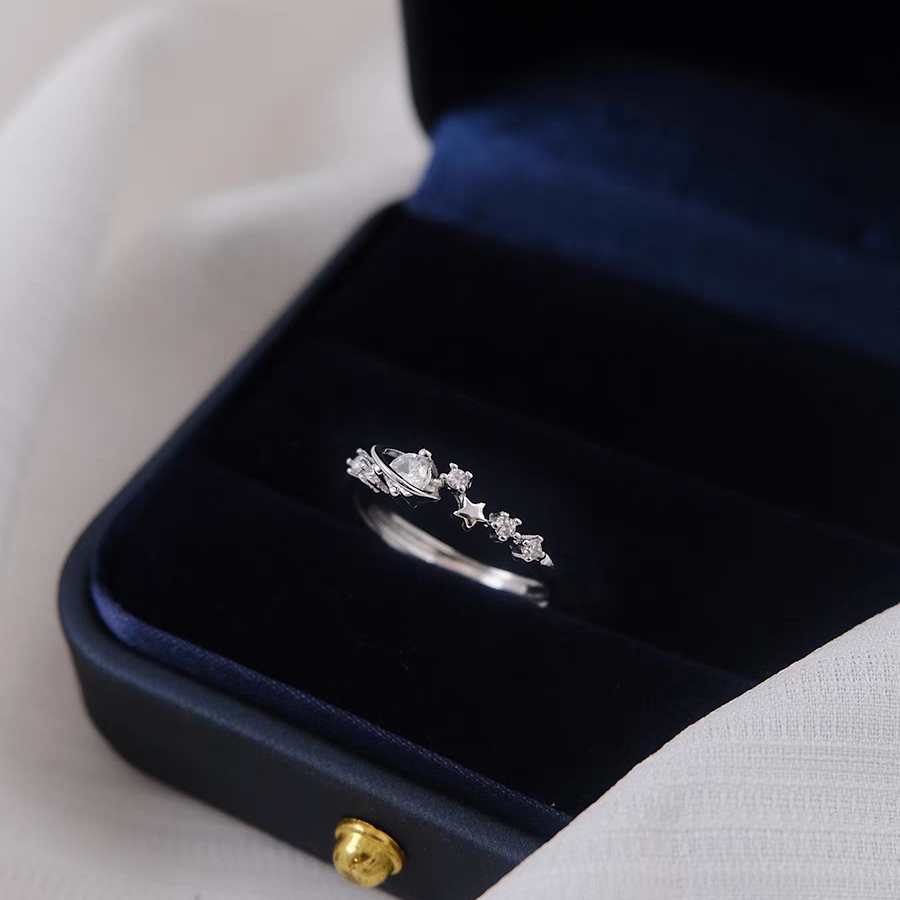 1 Piece 999 Sterling Silver Saturn & Star CZ Ring, Delicate Celestial Style, For Daily Wear & Valentine's Gifts