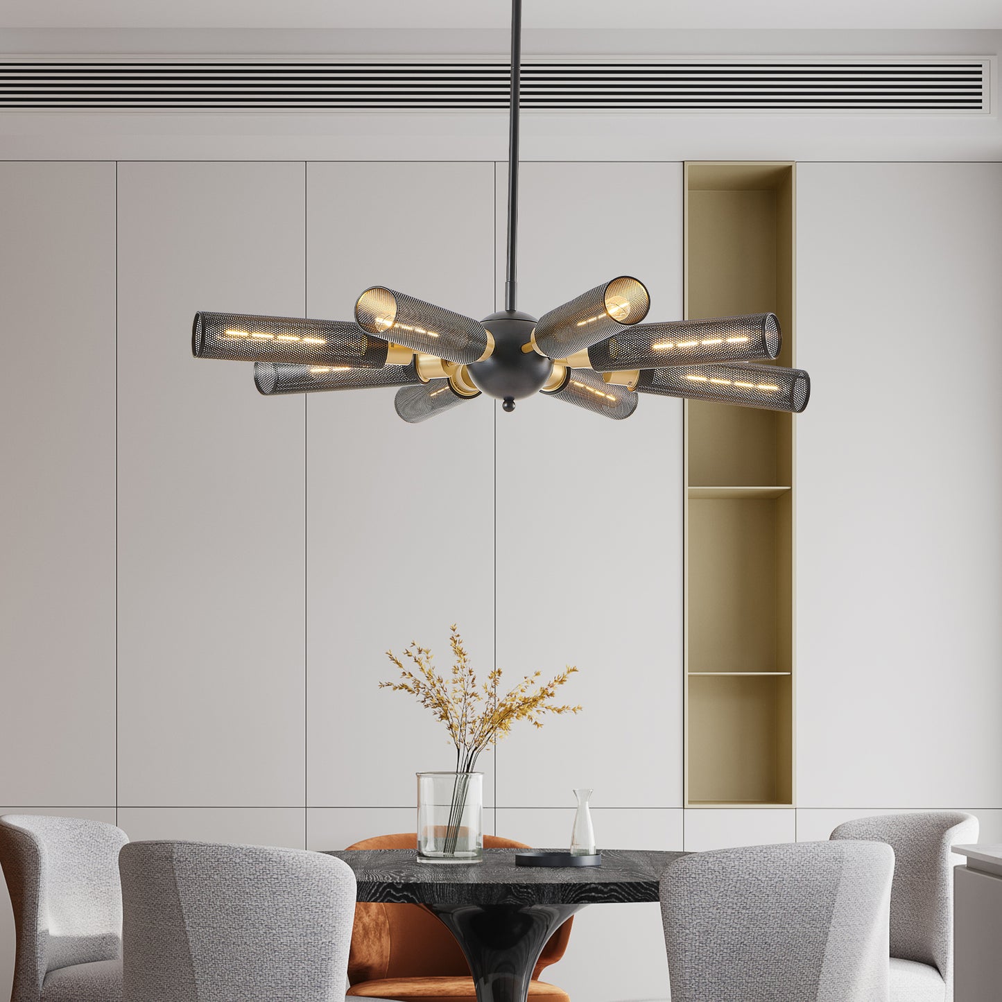 34  Modern Industrial Sputnik Chandelier, 8-Light Black And Gold Metal Pendant Light With Mesh Shades, E26 Base, Adjustable Height For Dining Room, Living Room, Or Kitchen Island Bulb Not Included