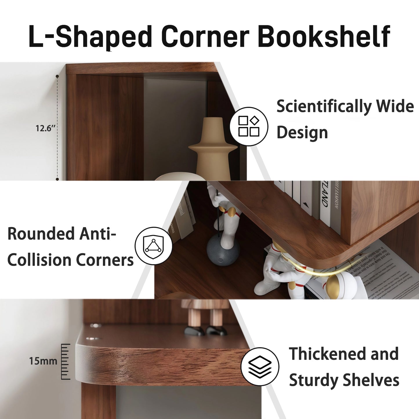 6 Tier Corner Bookshelf, 66  Tall L Shaped Bookshelf With Baffle, Freestanding Display Corner Shelf, Wooden Bookcase With Open Shelf Units For Living Room, Bedroom, Home Office, Walnut