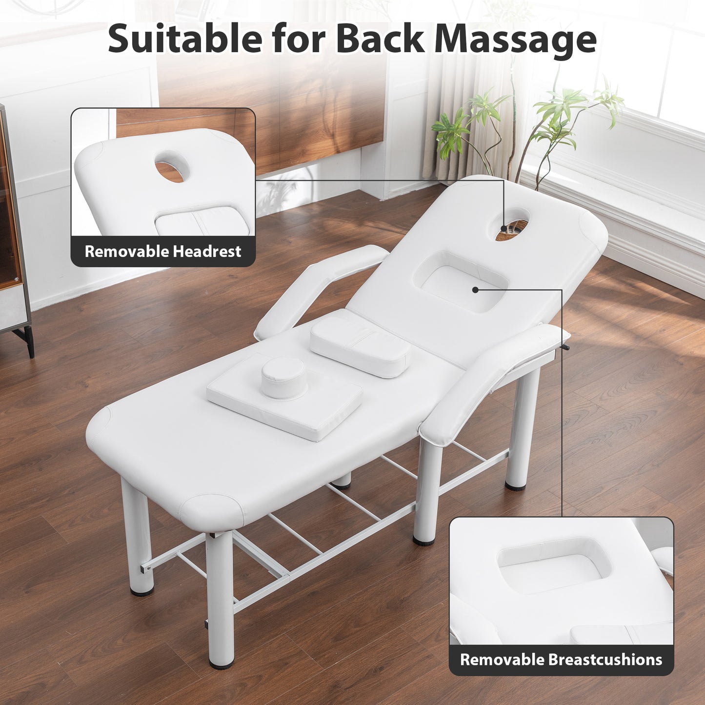 Professional Beauty Bed With Removable Headrest & Breast Cushions, Armrests And Storage Shelf For Full Body Massage, Facial, Tattoo & Spa,White