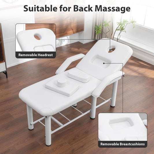 Professional Beauty Bed With Removable Headrest & Breast Cushions, Armrests And Storage Shelf For Full Body Massage, Facial, Tattoo & Spa,White