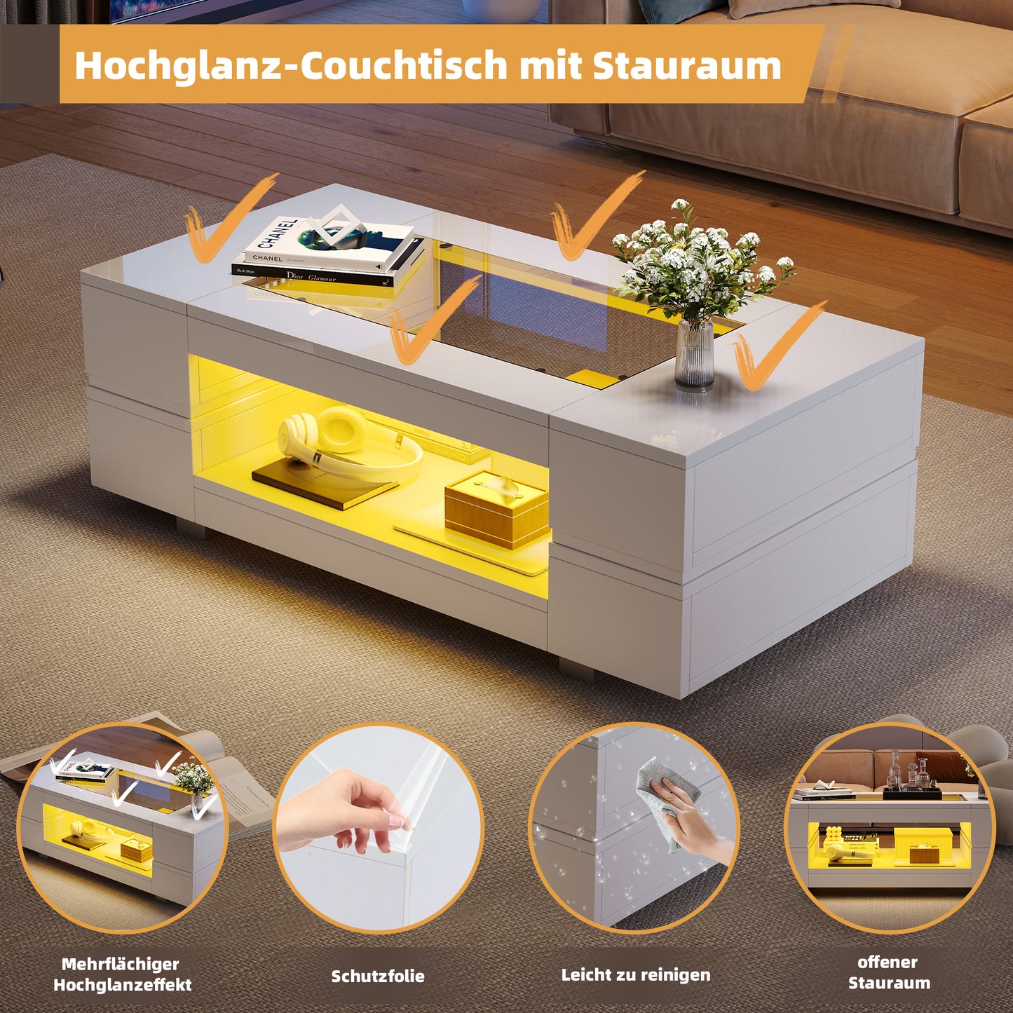 White LED Coffee Table With Bluetooth App Control, Coffee Table, Sofa Table, Living Room Table, Suitable For Party, Office, Living Room