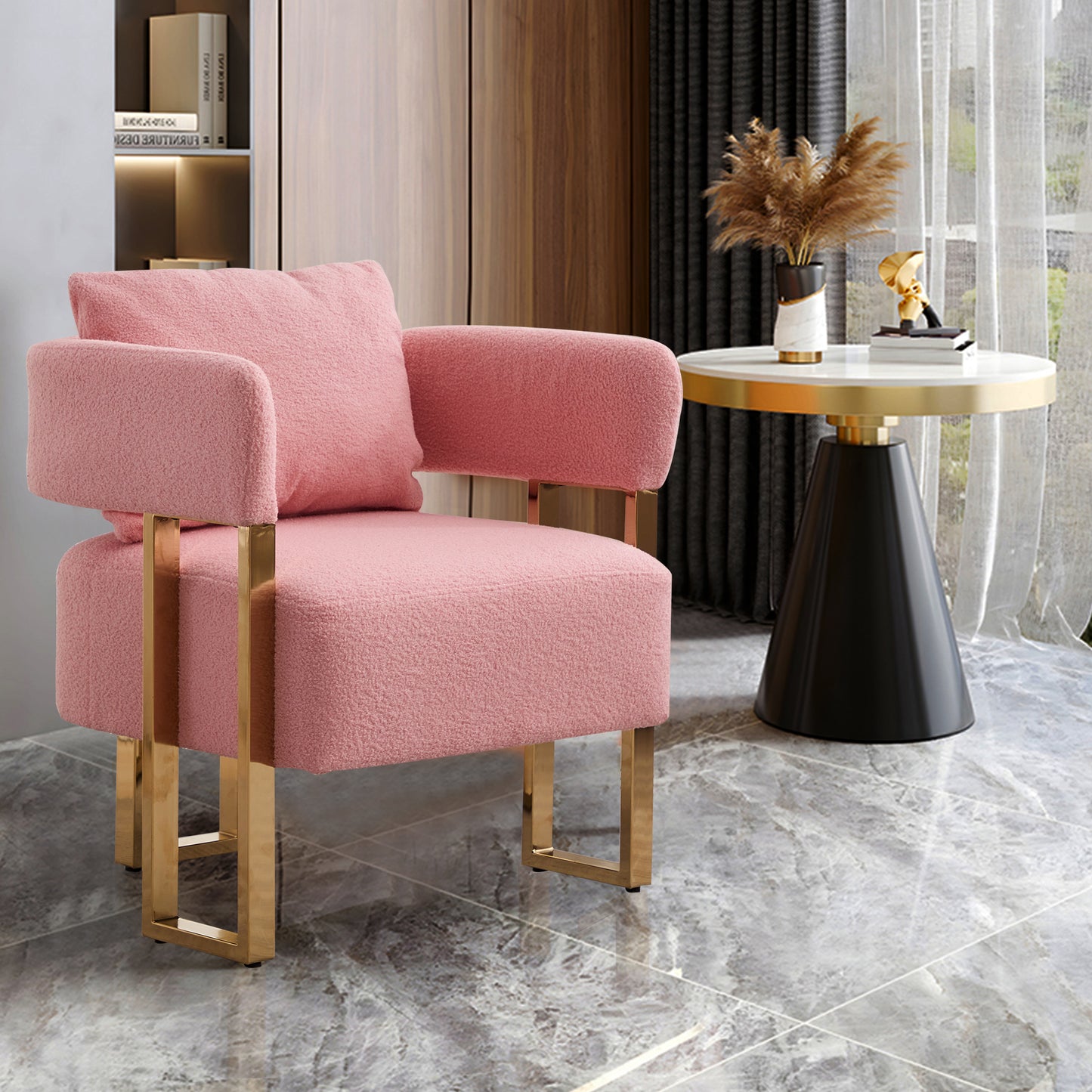 TS Modern Decorative Chair, Living Room Side Chair With Gold Metal Legs, No Wheels, Suitable For Dressing Area, Reception Room, Office,Teddy Fleece Upholstered Metal Foot Sofas 2PCS