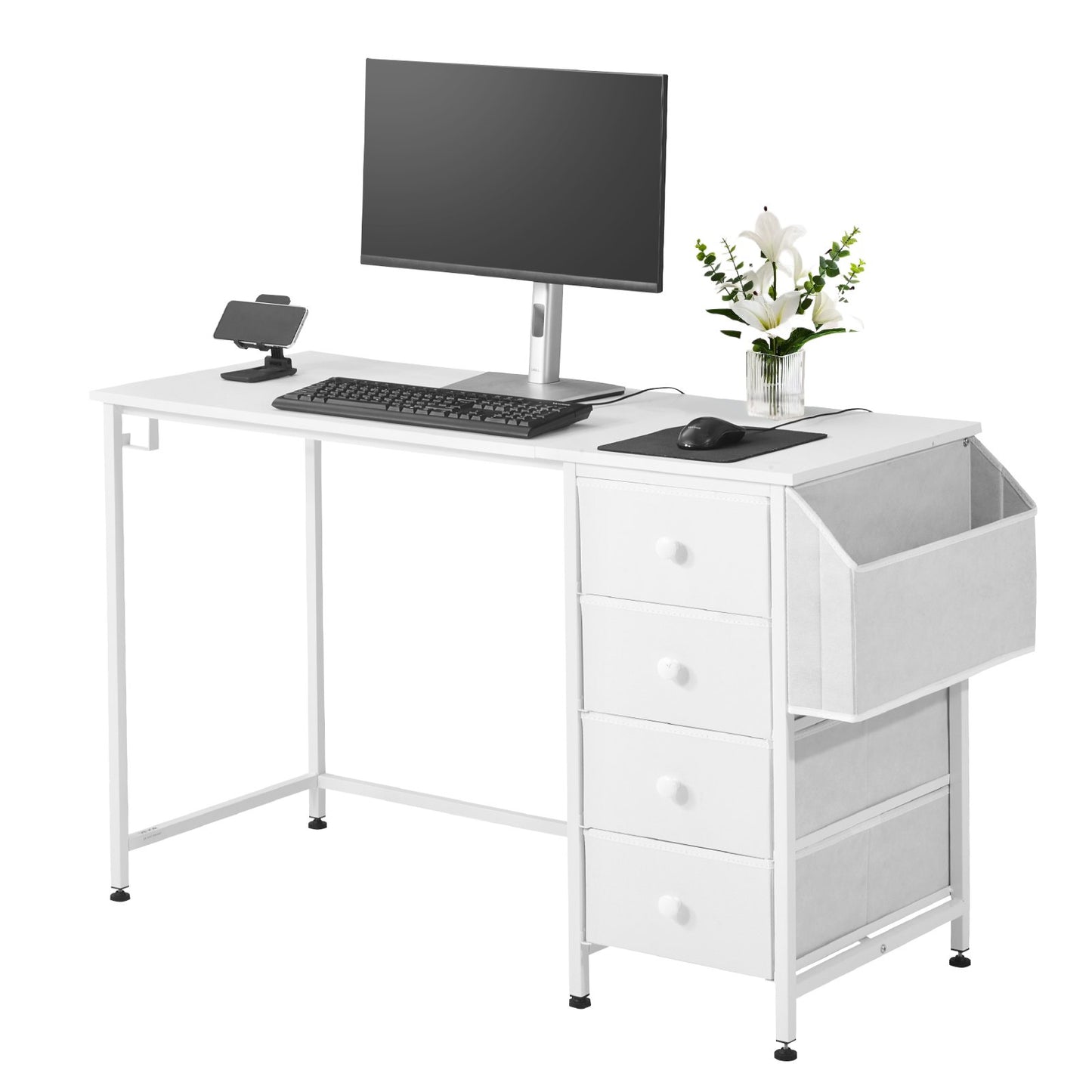 Computer Desk With Fabric Drawers, 47 Inch Reversible Study Work Writing Desk For Modern Home Office Bedroom, Simple Modern Cute PC Table Metal Frame Business Furniture, White